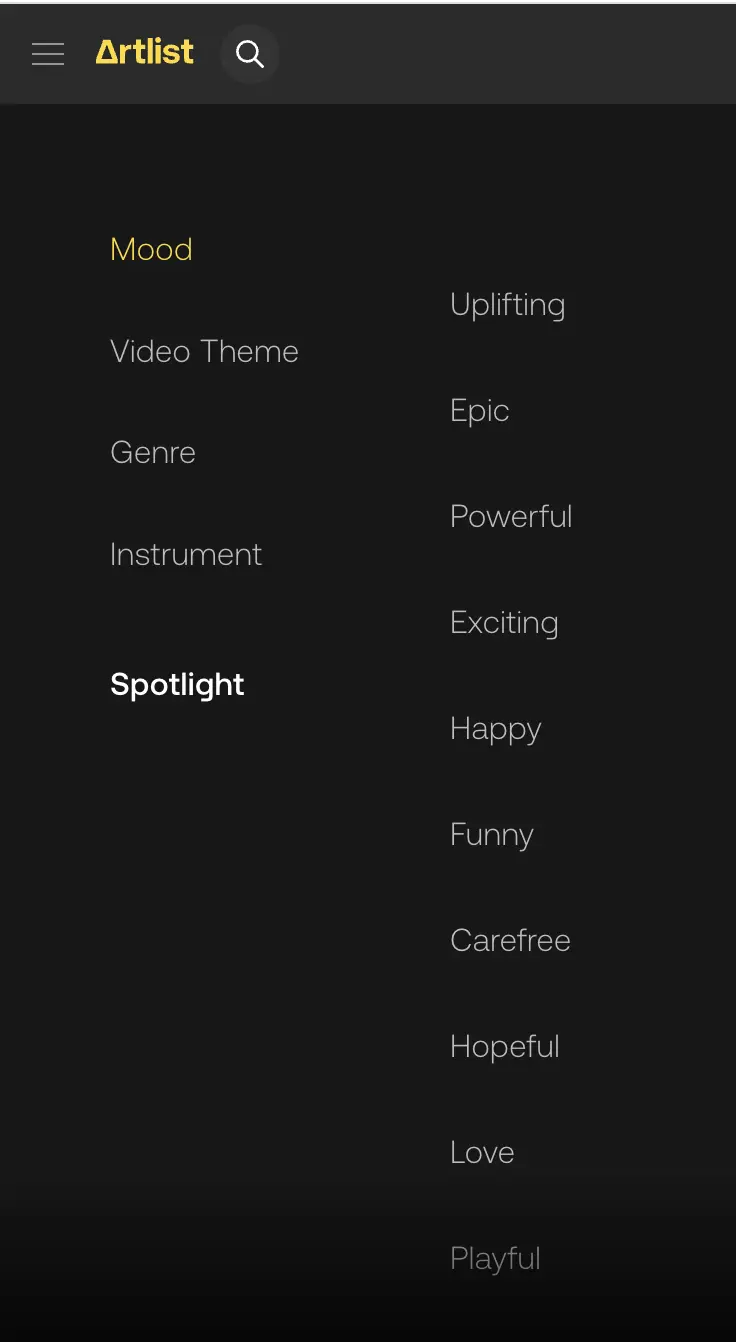 Range of Artlist categories to choose from