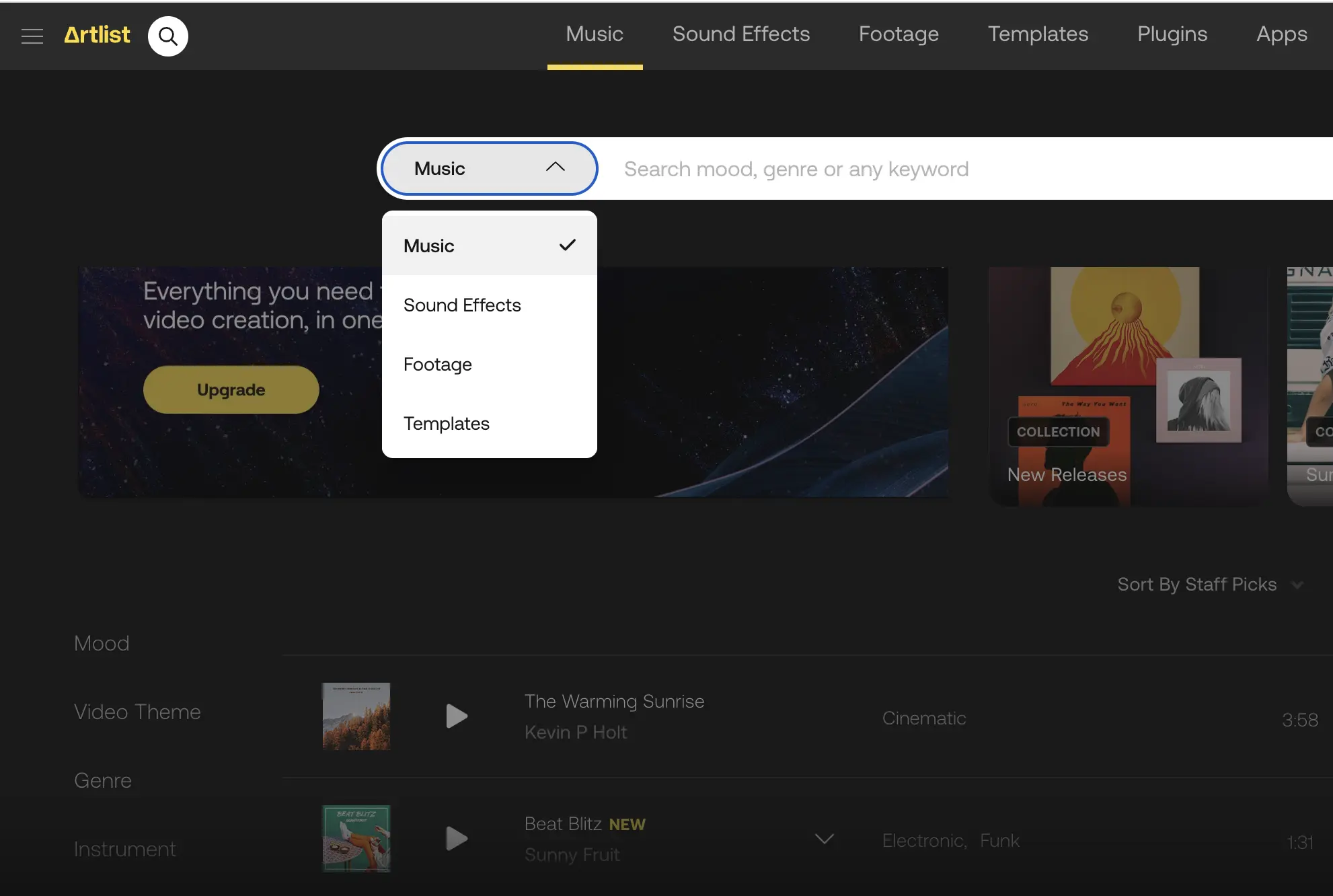 Drop down menu categories selecting in Artlist